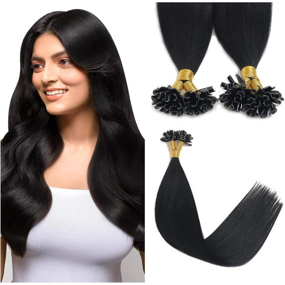 Aorsher U Tip Hair Extensions Human Hair Hot Fusion Pre Bonded Hair Extensions Natural Nail Tipped Remy Hair Piece 100 Strands/100G 16Inch Black