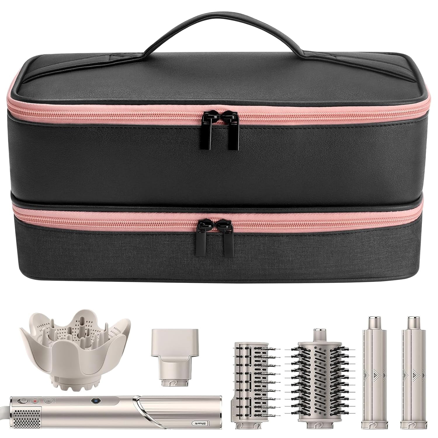 Aorsher Universal Hair Styler Travel Bag, Dual-Layer Protective Hair Tool Bag for Professional Hair Dryer & Attachments, Two-Tone Design Hair Dryer Storage Bag, Black Pink