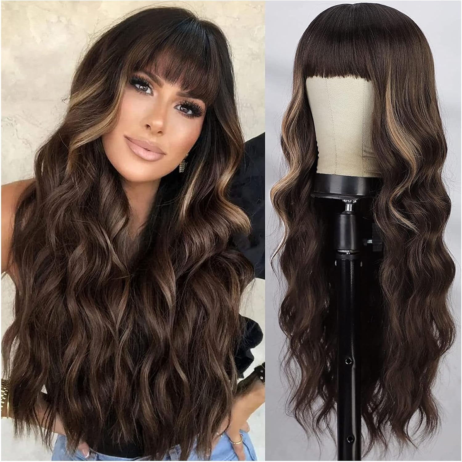 Aorsher Wigs with Bangs Ombre Wig with Dark Root for Women 26 Inches Long Wavy Curly Synthetic Heat Resistant Fiber Dark Brown Mix Blonde Wigs for Daily Party Use