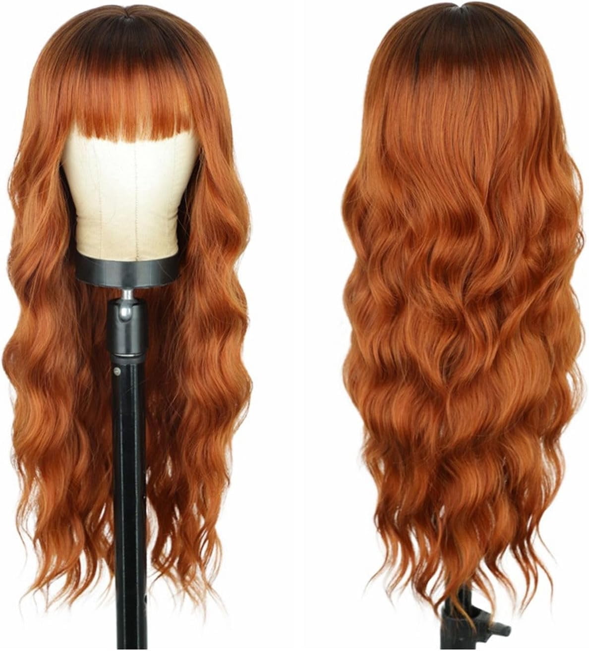 Aorsher Wigs with Bangs Auburn Wig with Dark Root for Women 26 Inches Long Wavy Curly Synthetic Heat Resistant Fiber Wigs for Daily Party Use