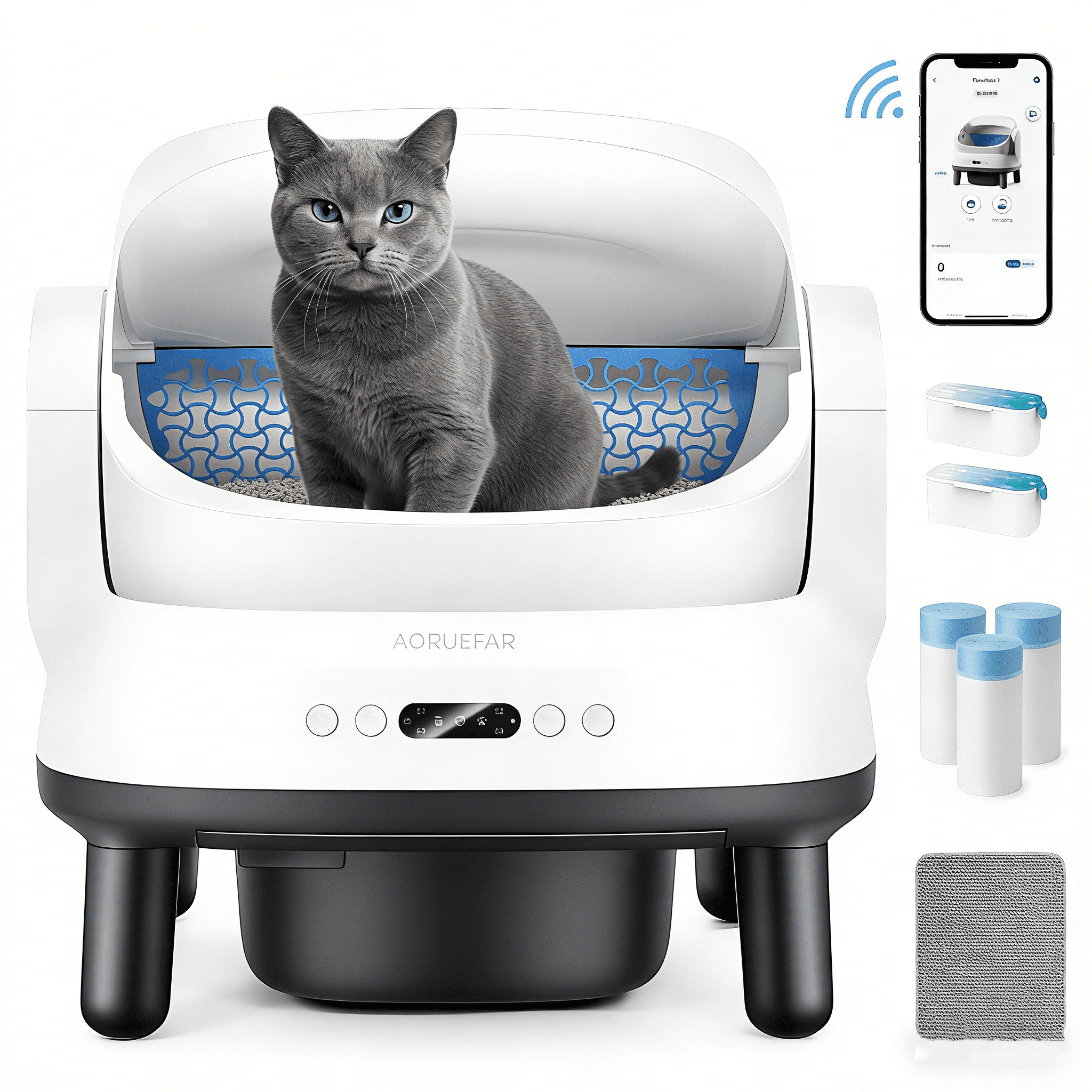 Aoruefar Large Open-Top Automatic Cat Litter Box Self Cleaning with Safety Protection, APP Control, Odor-Free Waste Disposal, White