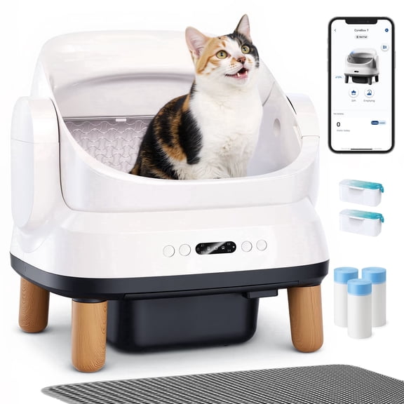 Aoruefar Large Open-Top Automatic Cat Litter Box Self Cleaning with Safety Protection, APP Control, Odor-Free Waste Disposal, Wood