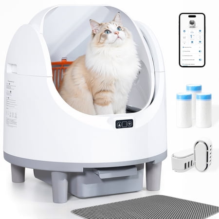 Open-Top Automatic Cat Litter Box Self Cleaning with Liners and Mat Included, White
