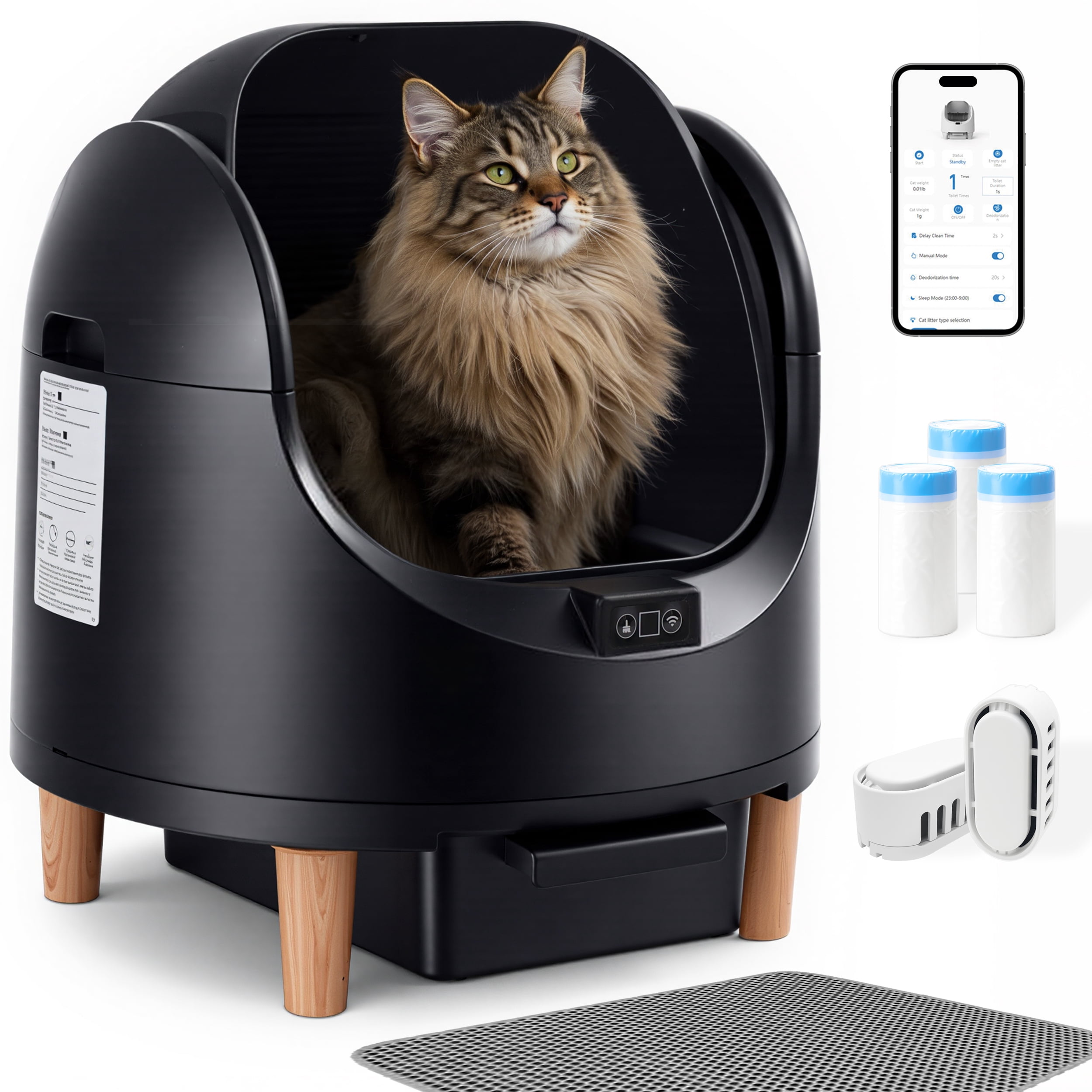 Open-Top Automatic Cat Litter Box Self Cleaning with Liners and Mat Included (Black)