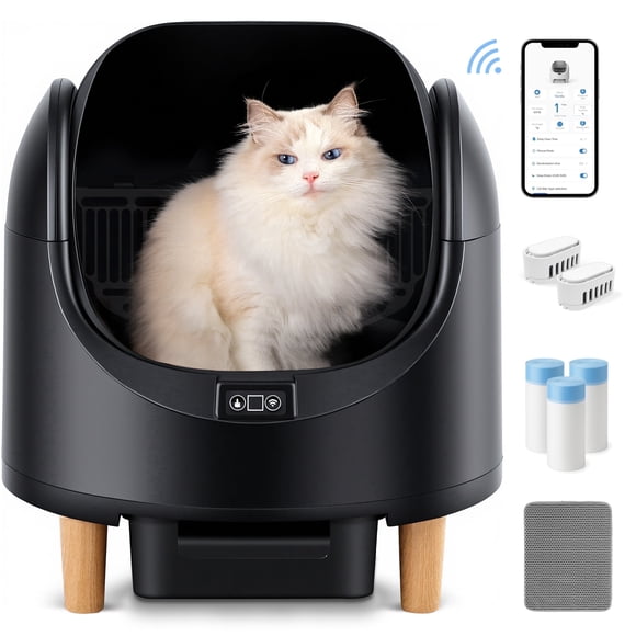 Aoruefar Self Cleaning Cat Litter Box, Open-Top Large Automatic Cat Litter Box with APP Control, Odor-Free Waste Disposal, Black