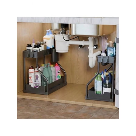 Aoshet 2 Tier Under Sink Storage Organizer, Kitchen Organization And Storage,Plastic Sliding Drawer, Multi-Purpose Rack For Bathroom & Kitchen, Black/White Cabinet Organizer