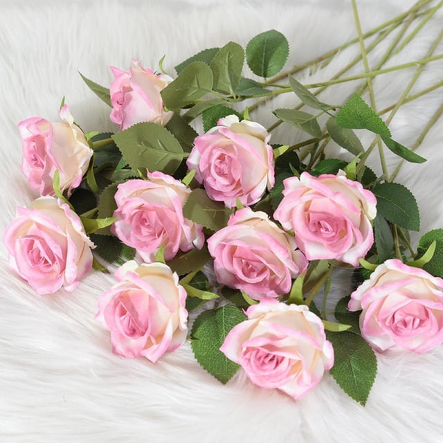 Aosijia 12 PCS Artificial Pink Roses Flowers for Valentine's Day, Silk