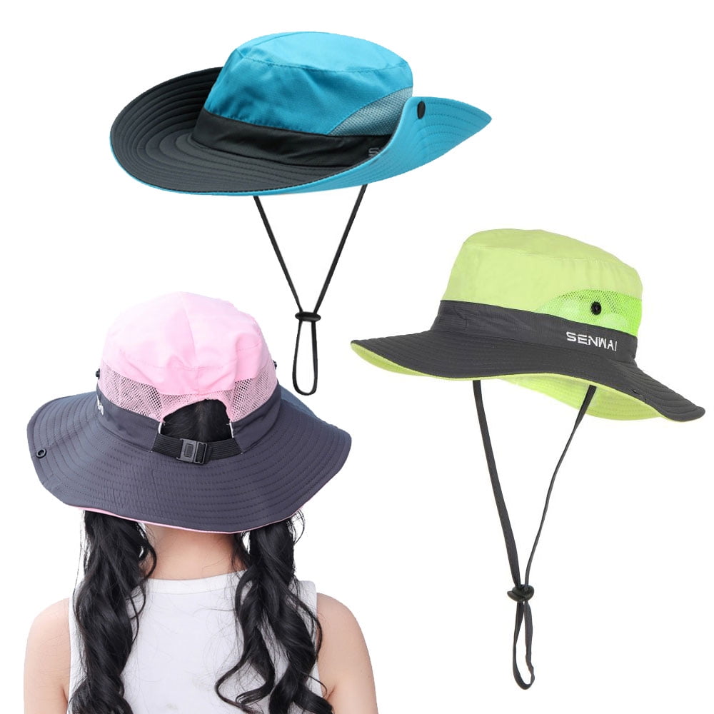 Aosijia 3 Pack Kids Girls Ponytail Summer Sun Hat Mesh Wide Brim UV  Protection Bucket Beach Cap Foldable for Outdoor Fishing 