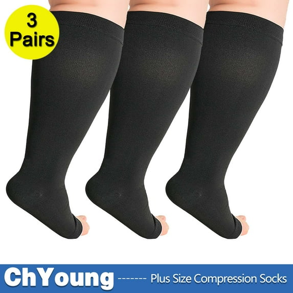 Aosijia (3 Pack) Toeless Plus Size Compression Socks Extra Wide Calf - Up to 7XL | 20-30 mmHg Open Toe Knee High Compression Socks for Women Men Circulation Support, Black XL