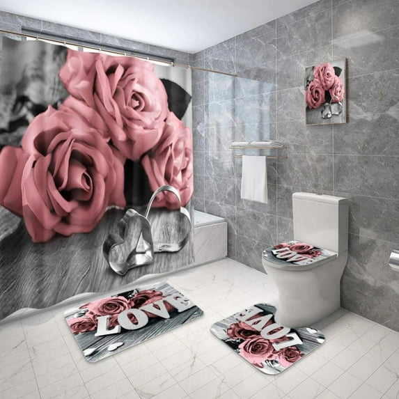 Aosijia 4 Pcs Bathroom Sets with Shower Curtain and Rugs, Water Rose Shower Curtain Set with Non-Slip Rugs,Bath Mat,Toilet Lid Cover and 12 Hooks