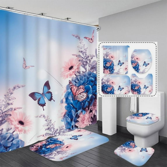 Aosijia 4 Pcs Flower Butterfly Shower Curtain Set with Non-Slip Rug Toilet Lid Cover and Bath Mat Colorful Floral Shower Curtain with 12 Hooks Waterproof Fabric Bath Shower Curtain for Bathroom