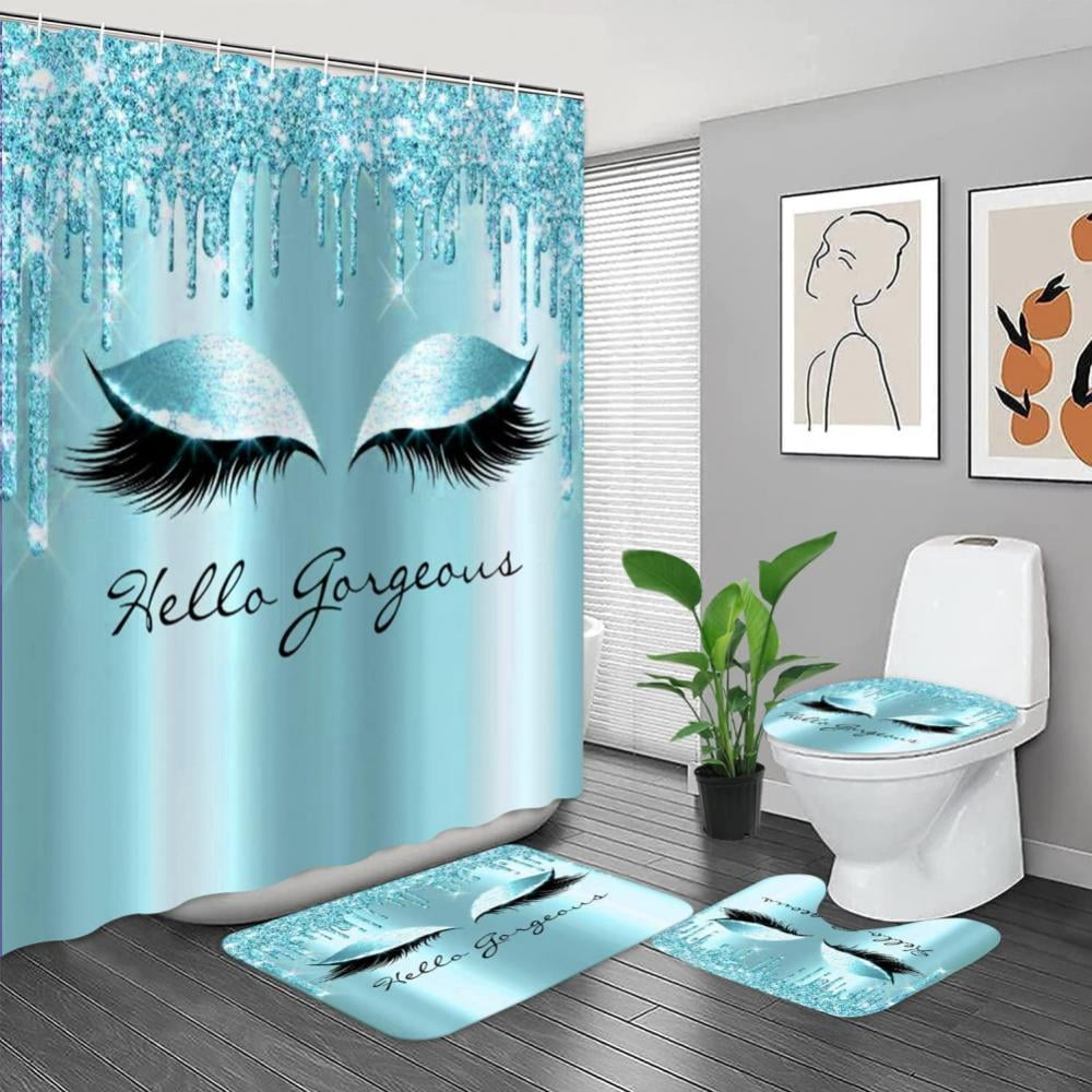 Shower Curtain Pretty Eyelash Spark Rose Gold Drips with Bath Mat 4 Pcs Set 70