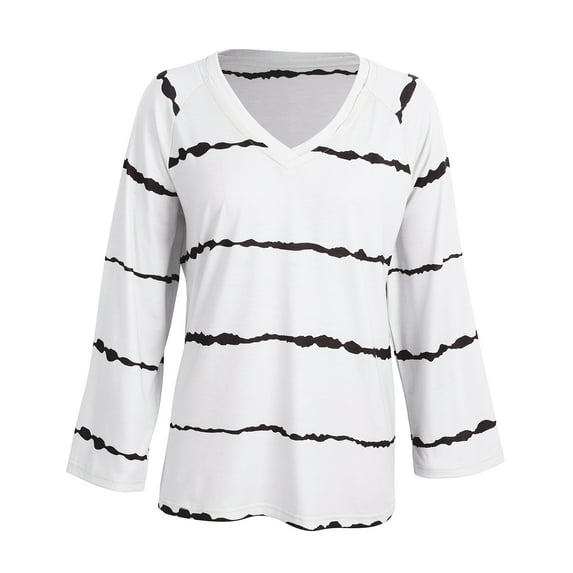 Aosijia Casual Long Sleeve Striped T-Shirts for Women Plus Size Tunic Loose Pullover Shirts Tops V Neck Ladies Spring Fall Winter Thin Basic Tee Tops White XL