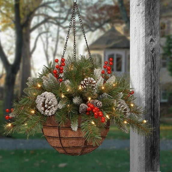 Aosijia Christmas Hanging Flower Basket Wreath for Front Door Indoor Outdoor Artificial Pine Needle Red Berry Decorative Garland Pendant Ornament with LED String Lights (B)