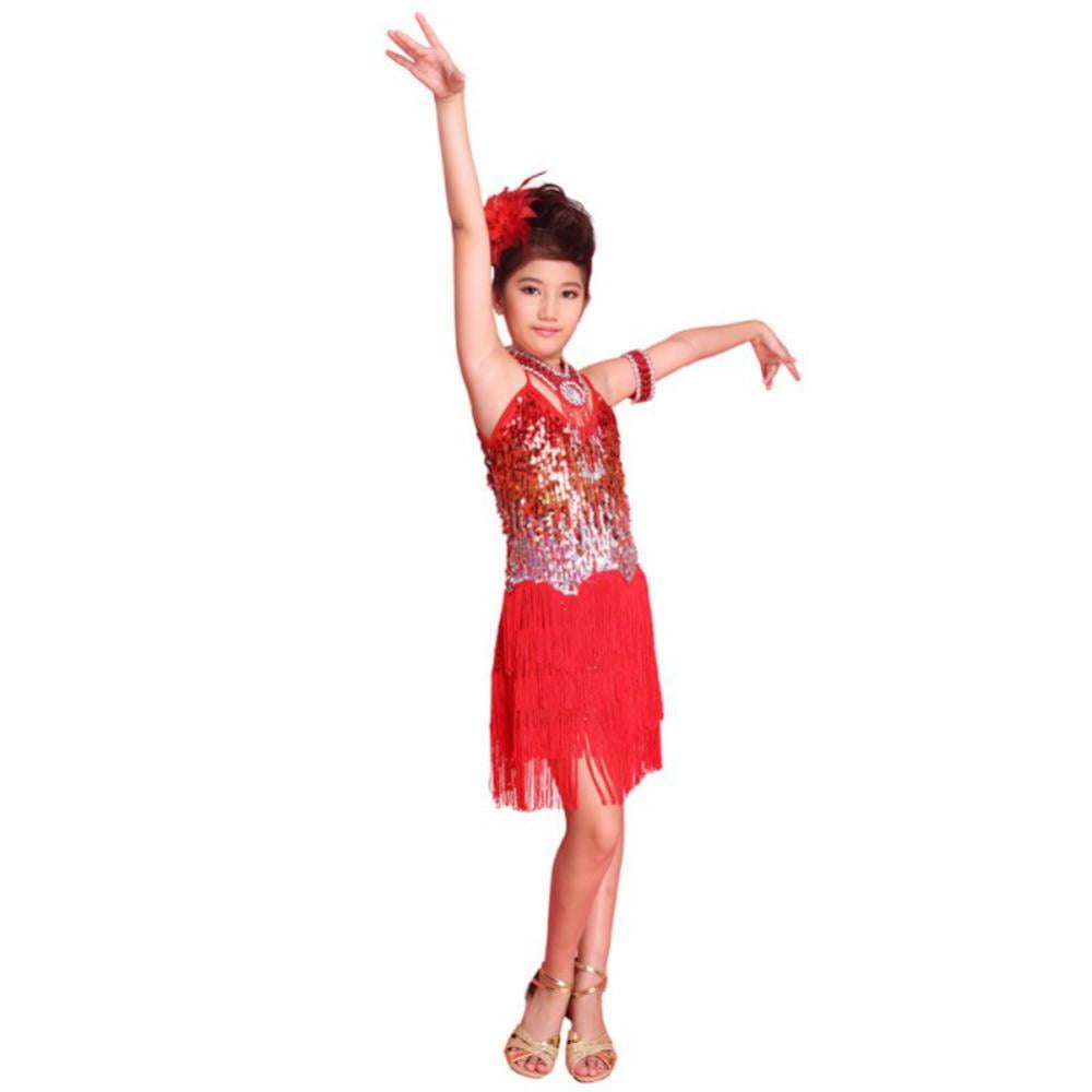 TiaoBug Kids Girls Halter Tassel Leotard Dance Dress Latin Jazz Salsa Samba Tango Ballroom Dance Costume With Gloves Hot Pink 5-6 Years