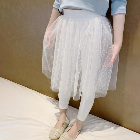 Aosijia Girls Tulle Culottes Toddler Dance Skirts Tutu Skirt Leggings Solid Color Polka Dot Footless Tights for 3-8 Years White