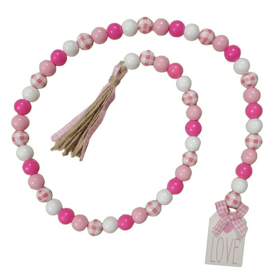 Aosijia Love Wood Beads Garland Valentines Day Tiered Tray Decors Beaded Garland with Tassels Heart Shaped Pendant Rustic Farmhouse Wooden Bead Wreath Decorations Wall Window Hanging Decors