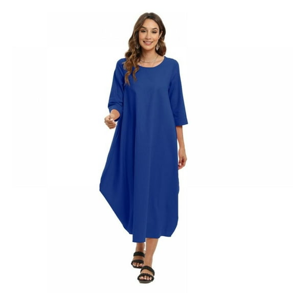 Aosijia Oversized Cotton Linen Maxi Dress for Women Crew Neck Summer Long Sleeve Maxi Dresses Casual Loose Long Dress Plus Size Ladies Vintage Shirt Dress Blue XL