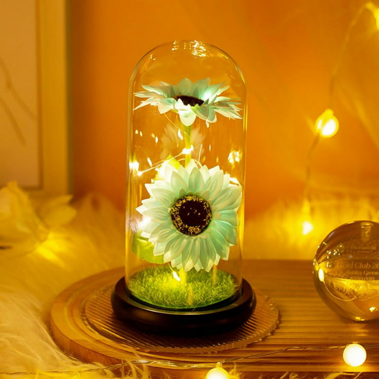 Aosijia Sunflowers Artificial Flowers in Glass Dome LED Light Gifts for Xmas,Valentine Day,Wedding,Mothers Day,Anniversary,Birthday, Blue