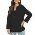 thumbnail image 1 of Aosijia Women Button Tops Small V Neck Openwork Embroidered Wavy Shirt Long Sleeve Loose Blouse Black, 1 of 8