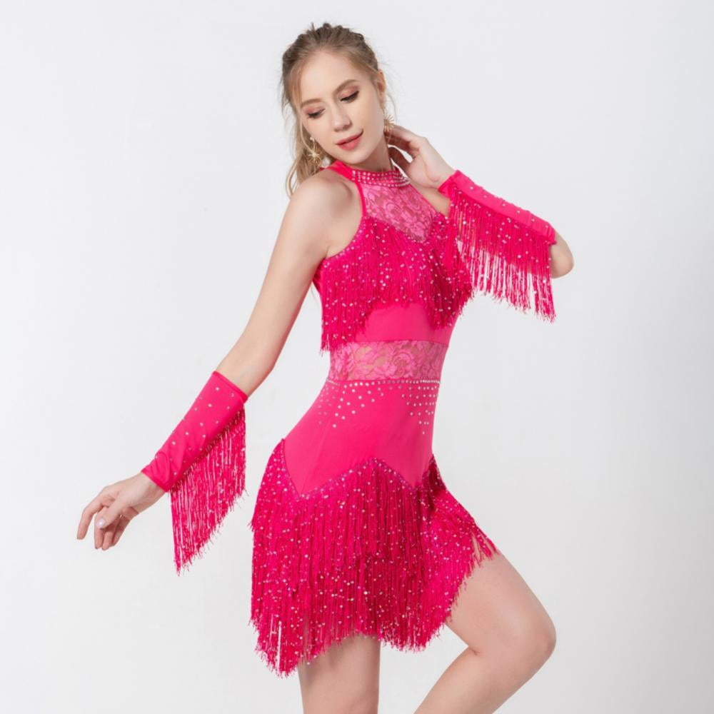 Aosijia Women Dance Dress Outfits Rhinestone Squins Fringe Tassel Lace Sexy Latin Dance Dress Sleeveless Ballroom Salsa Rumba Dance Costumes L