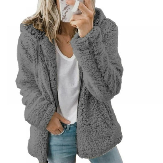 Aosijia Women Jacket Female Hooded Fleece Plush Coat Plus Size Winter Warm Zipper Top Overcoat Outerwear Dark Gray 4XL