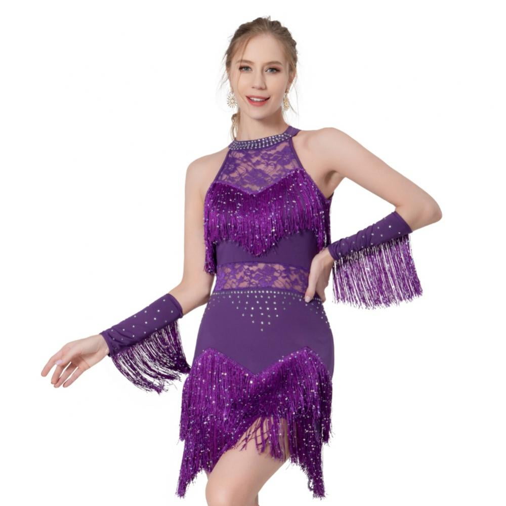 Aosijia Womens Dance Dress Sleeveless Lace Rhinestone Sequin Fringe ...