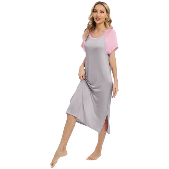 Aosijia Womens Sleepwear Short Sleeves Long Nightdress with Pockets Ladies Round Neck Nightgowns Loose Split Dress XL
