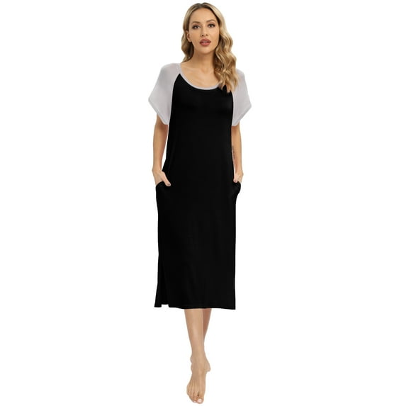 Aosijia Womens Sleepwear Short Sleeves Long Nightdress with Pockets Ladies Round Neck Nightgowns Loose Split Dress XXL Black