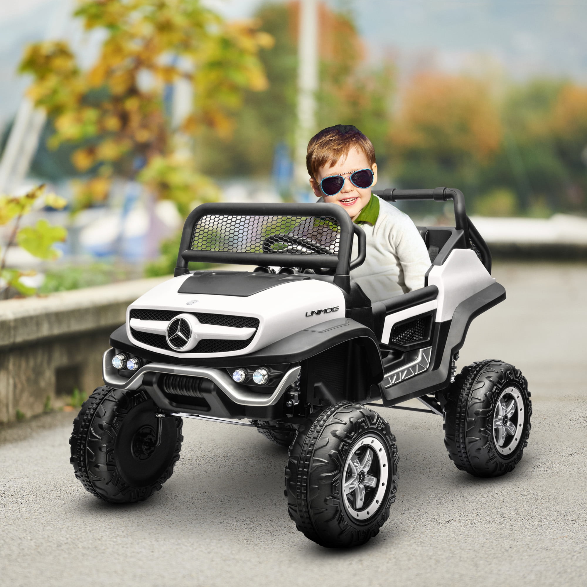 White Mercedes-Benz Unimog 12V Battery Powered Ride-On Truck