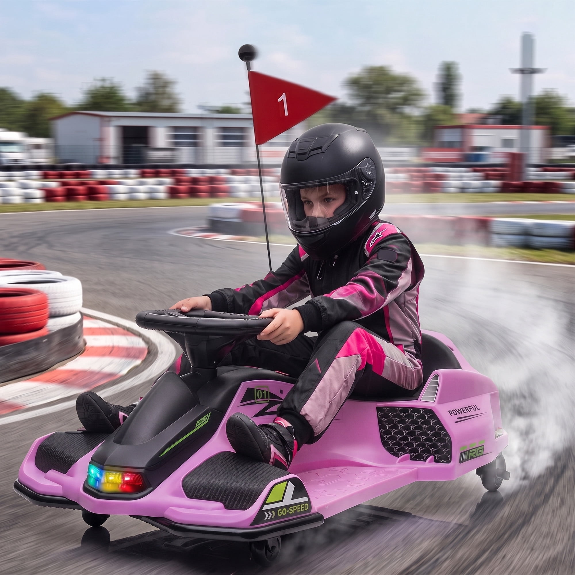 Aosom 12V Electric Go Kart, 5 MPH Drifting Car for Kids Outdoor Ride on Toy with Slow Start, Music, Colorful Lights, for 8-12 Years Old, Pink