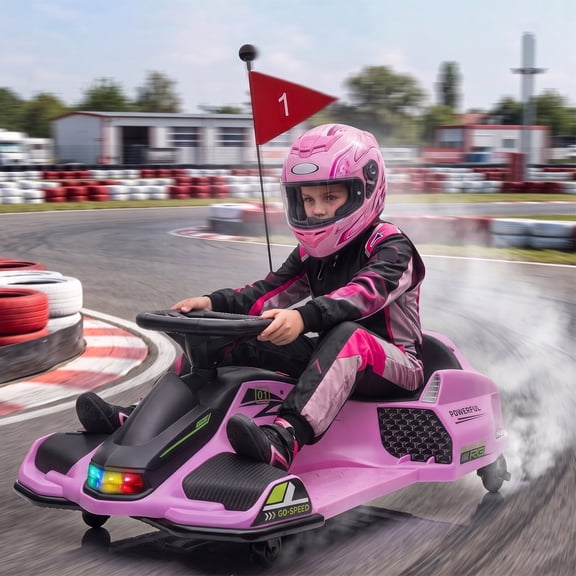 Aosom 12V Electric Go Kart, 5 MPH Drifting Car for Kids Outdoor Ride on Toy with Slow Start, Music, Colorful Lights, for 8-12 Years Old, Pink