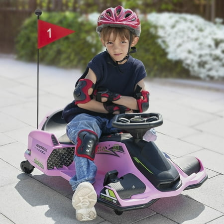 Aosom 12V Electric Go Kart, 5 MPH Drifting Car for Kids Outdoor Ride on Toy with Slow Start, Music, Colorful Lights, for 8-12 Years Old, Pink