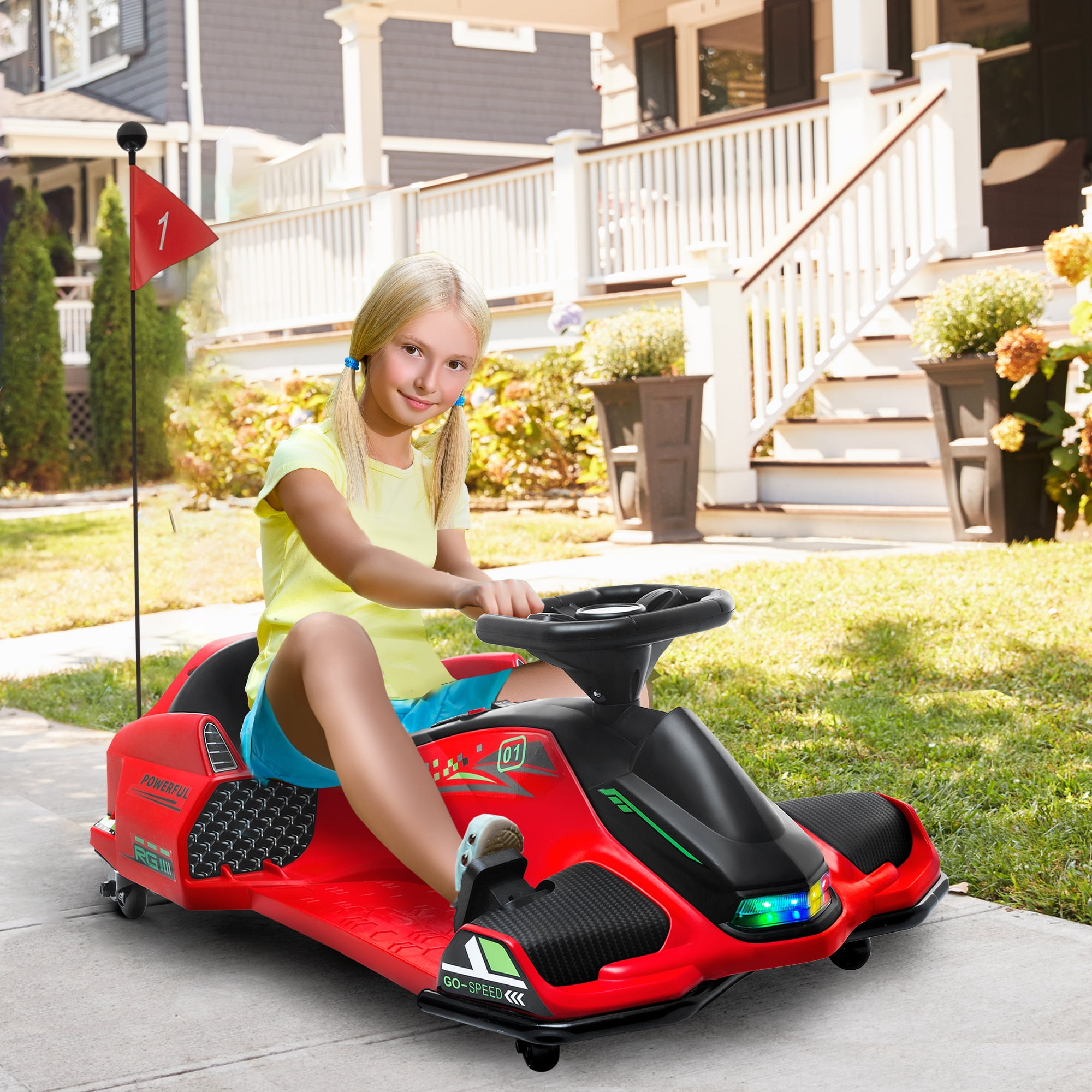 Aosom 12V Electric Go Kart, 5 MPH Drifting Car for Kids Outdoor Ride on Toy with Slow Start, Music, Colorful Lights, for 8-12 Years Old, Red