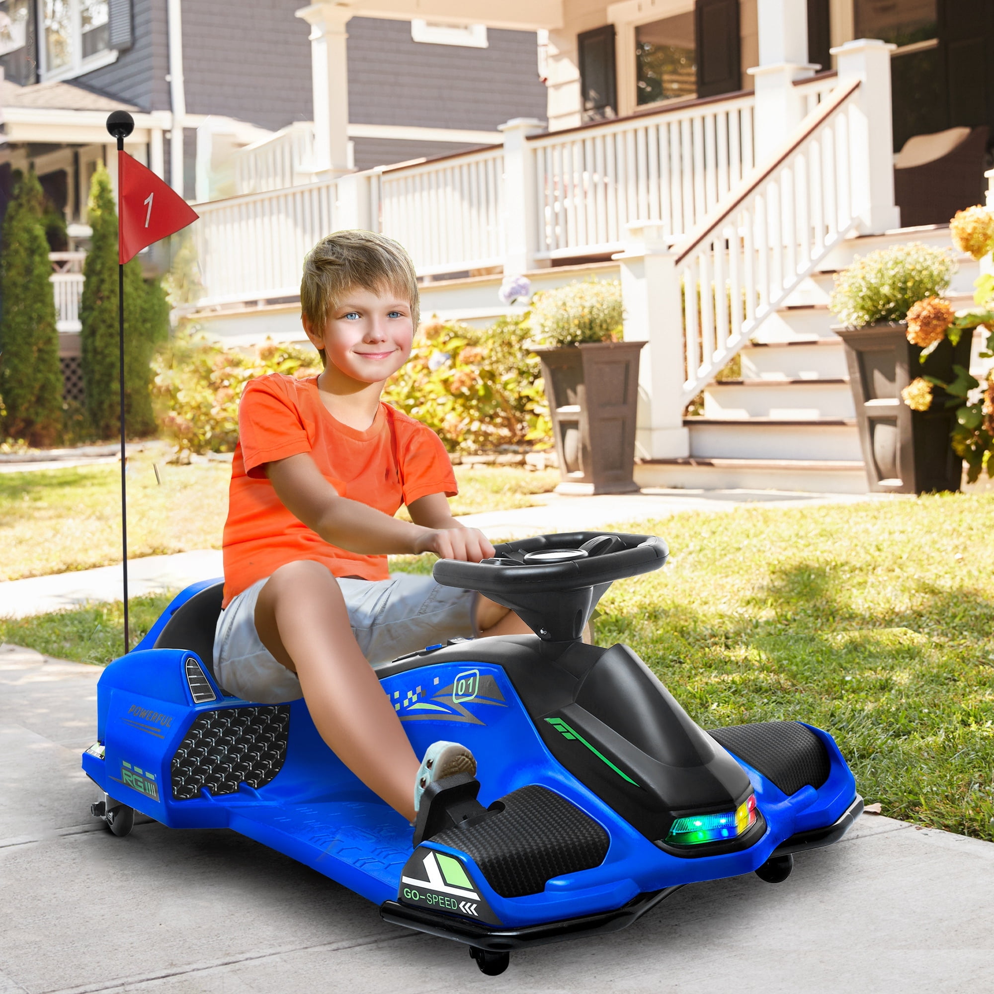 Aosom 12V Electric Go Kart, 5 MPH Drifting Car for Kids Outdoor Ride on Toy with Slow Start, Music, Colorful Lights, for 8-12 Years Old, Blue