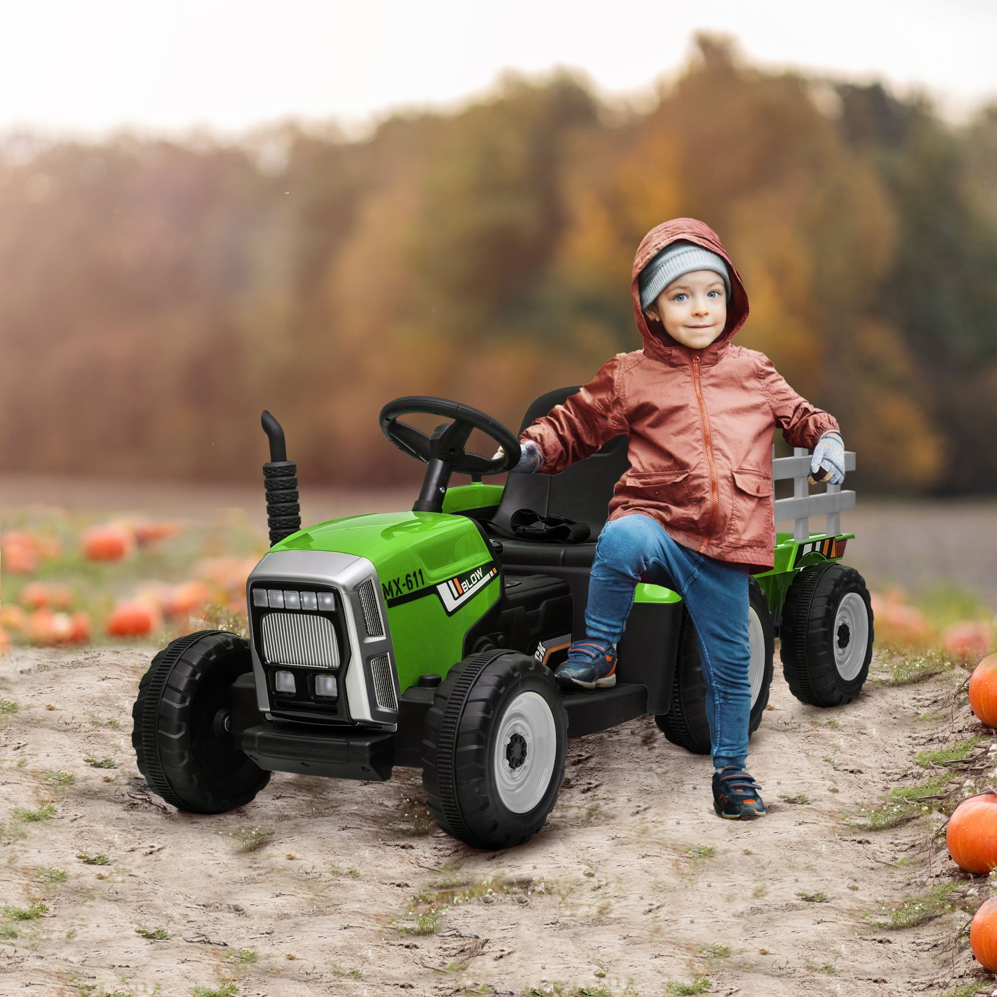 Green 12V Electric Ride-On Tractor with Trailer