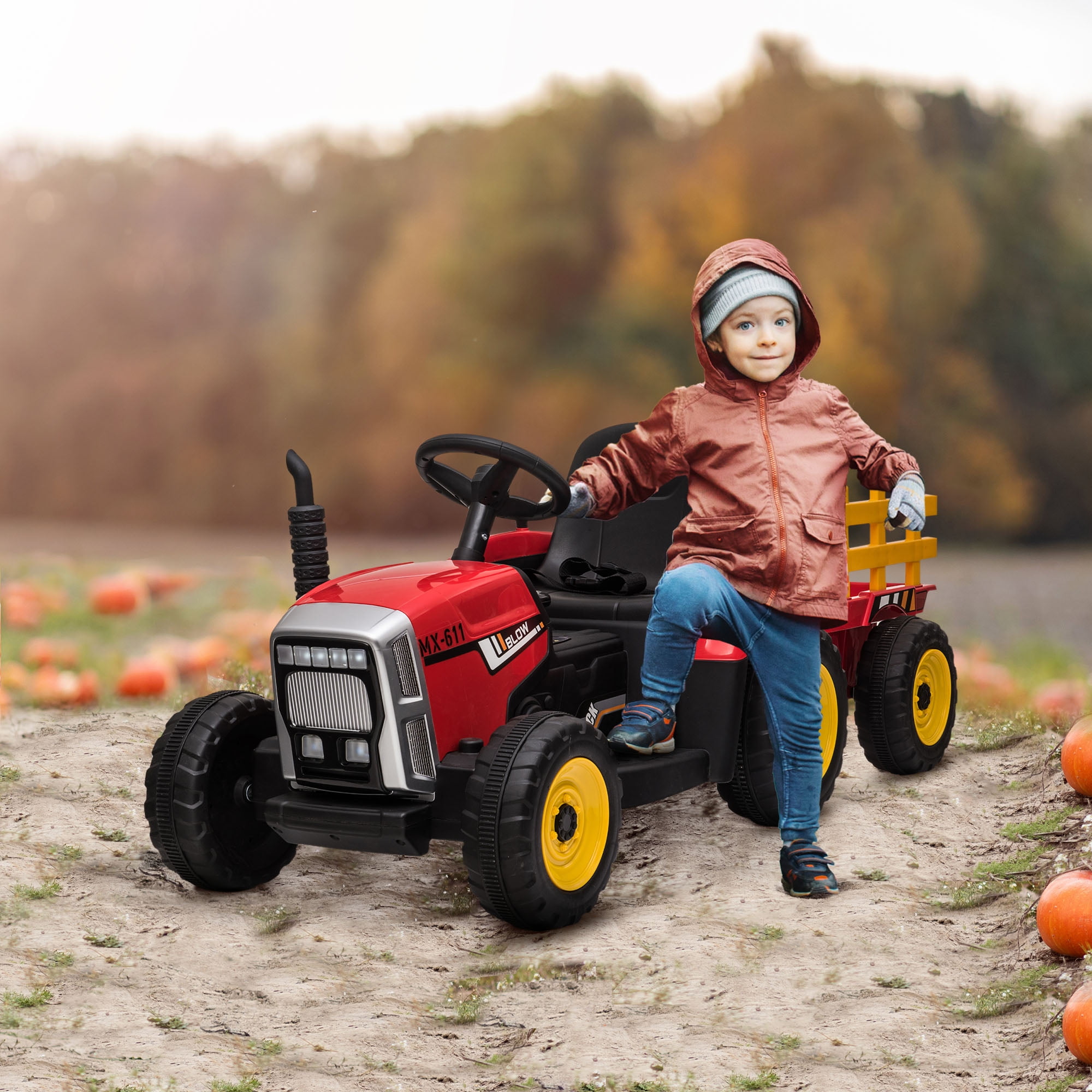 Red 12-Volt Ride-On Tractor with Trailer and LED Lights