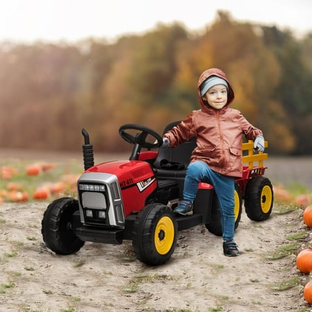 Aosom 12V Electric Ride on Tractor with Trailer, 25W Dual Motors, Red