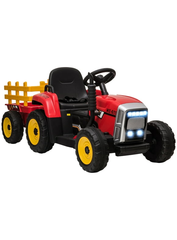 Aosom 12V Electric Ride on Tractor with Trailer, 25W Dual Motors, Red