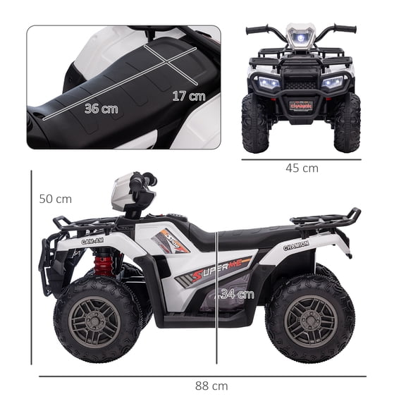 Aosom 12V Kids Electric ATV 4 Wheeler, White, Headlight, Music, Battery Powered Quad