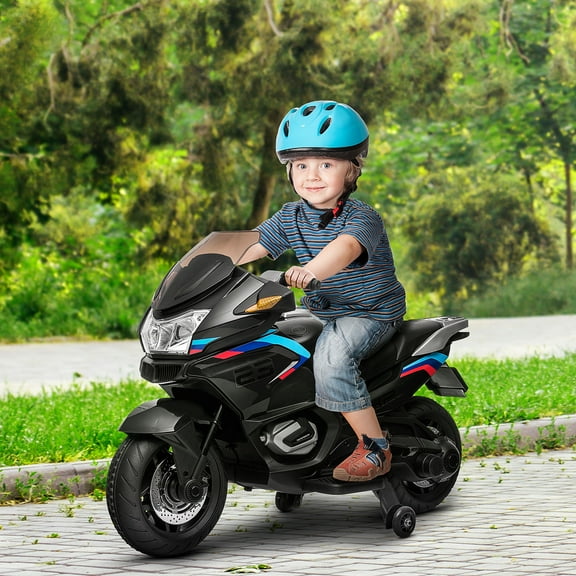 Aosom 12V Kids Electric Motorcycle with Training Wheels, Battery Power Motorbike for Kids Ages 3-8 Years Old, High-Traction at 3.7 Mph Top Speed, with Light Music, Black