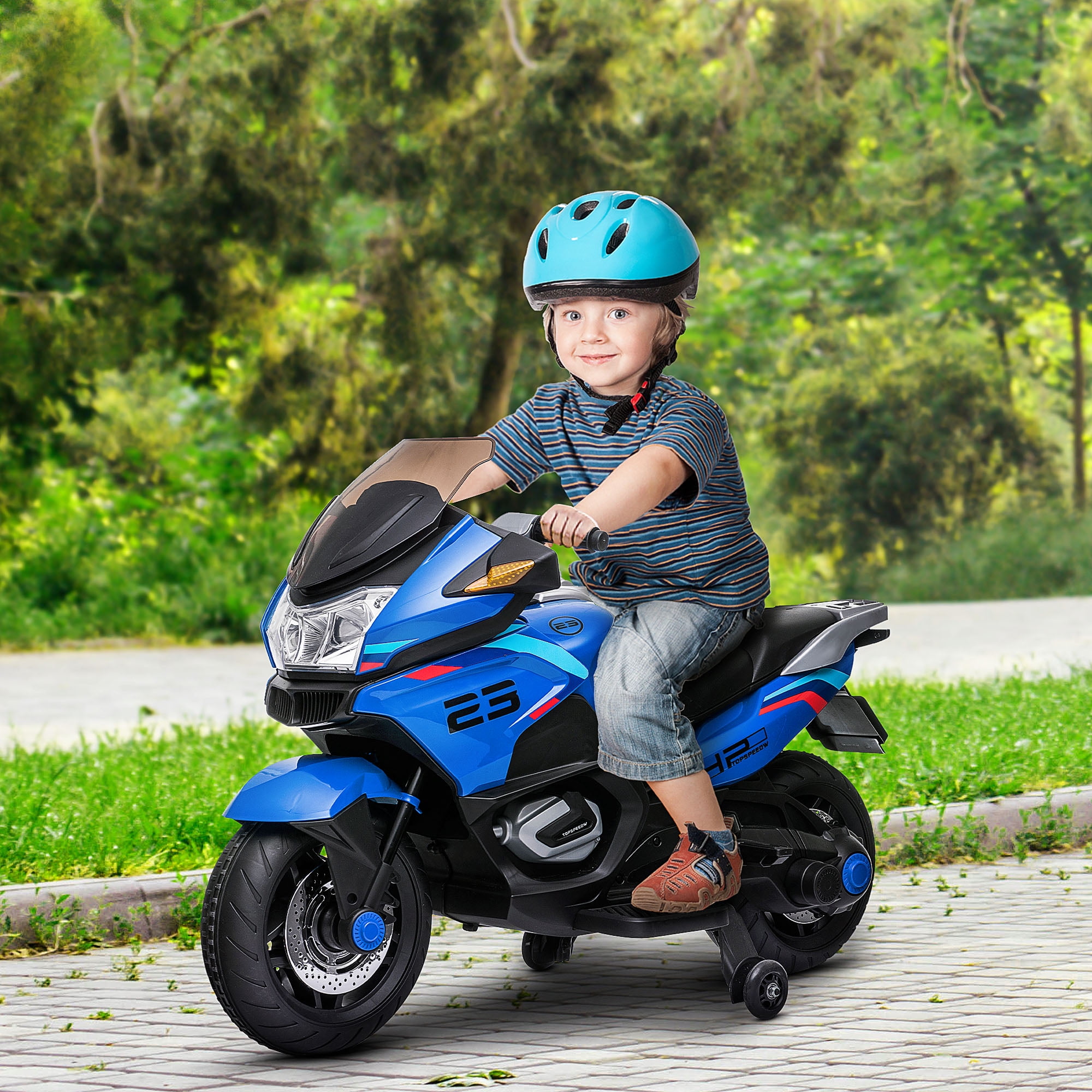Blue 12V Kids Motorcycle with Training Wheels and Lights