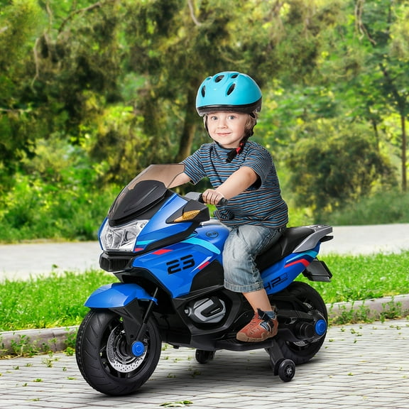 Aosom 12V Kids Electric Motorcycle with Training Wheels, Battery Power Motorbike for Kids Ages 3-8 Years Old, High-Traction at 3.7 Mph Top Speed, with Light Music, Blue