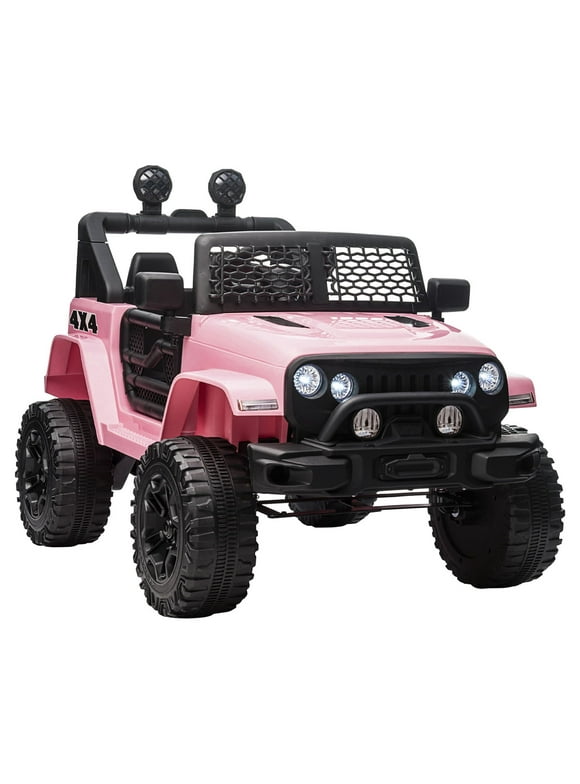 Aosom 12V Kids Ride On Truck with Parent Remote Control, Battery Powered Electric Car with Spring Suspension, Adjustable Speed, LED Lights and Horn, Pink
