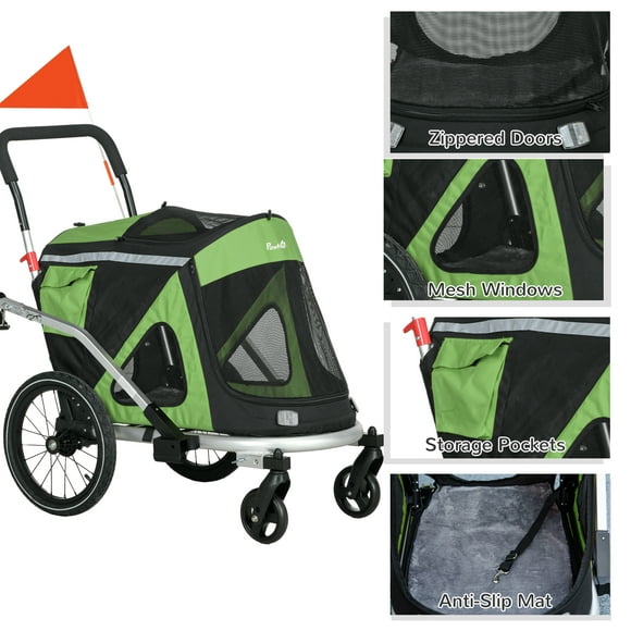 Aosom 2 In 1 Bike Trailer,Foldable Dog Bike Stroller with Aluminum Frame,Quick Release Wheels,Safety Leash,Anti-Slip Mat,Hitch Coupler,Reflectors,Flag for Medium Dogs,Green,Green Aluminum Pet