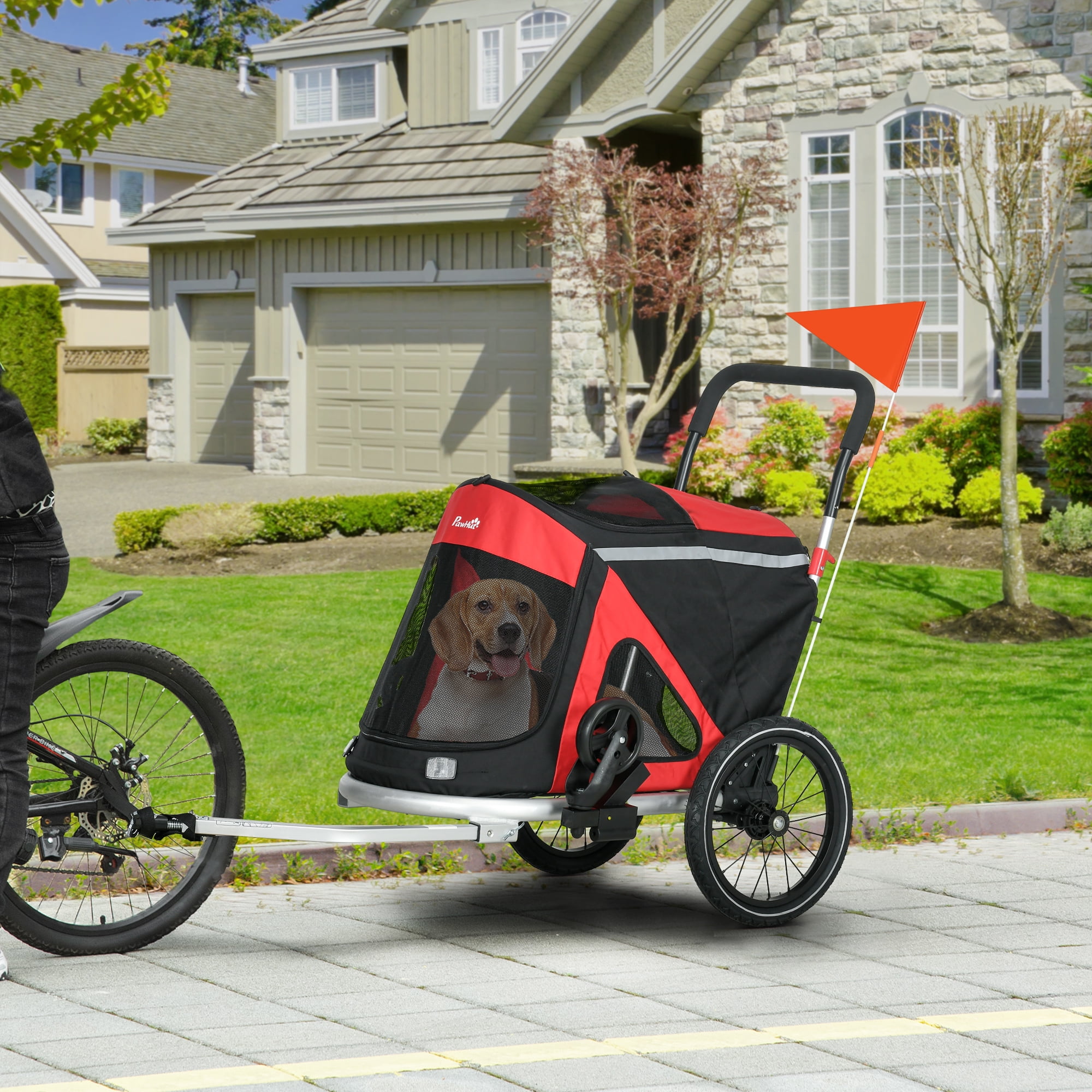 Red Foldable Aluminum Dog Bike Trailer with Safety Features