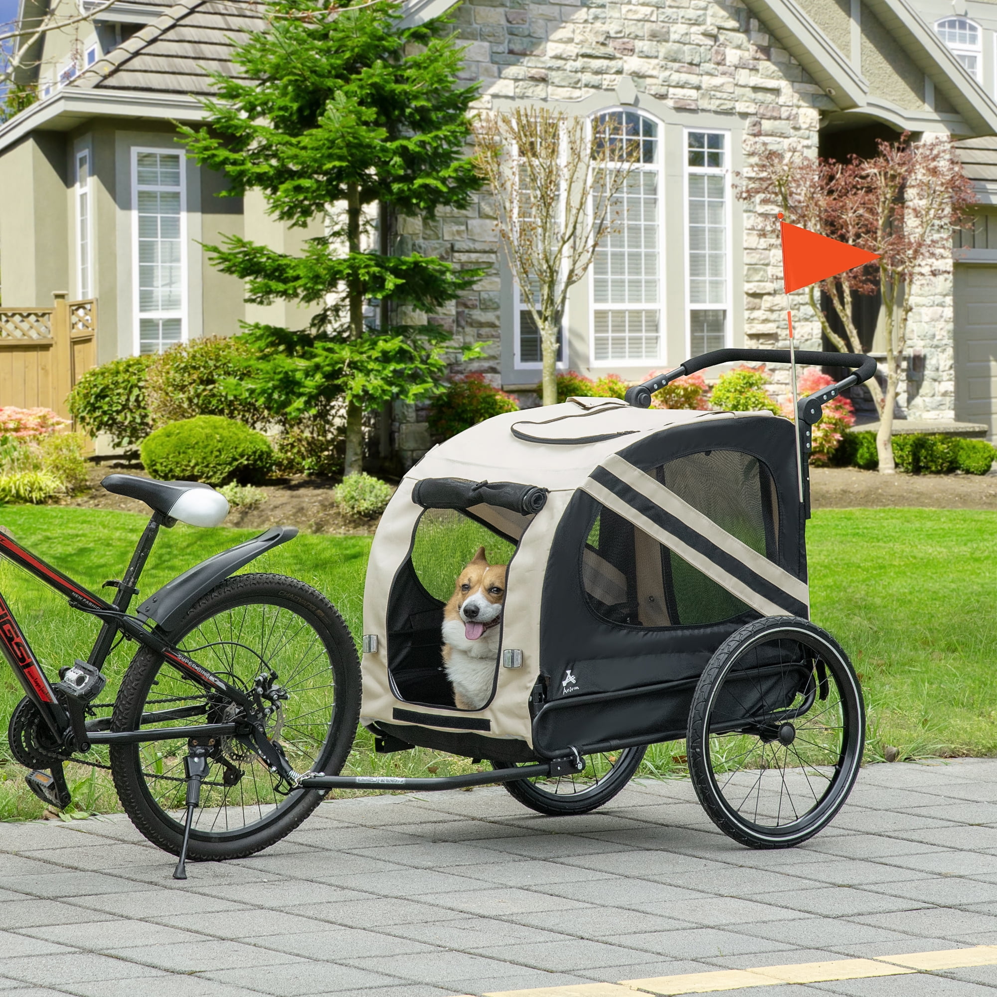 White Foldable Pet Bike Trailer and Stroller with Detachable Carrier