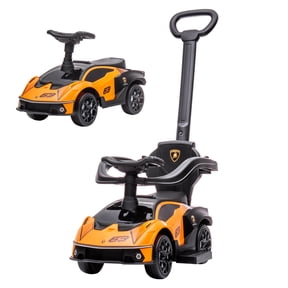 Aosom 2-in-1 Ride On Push Car for Toddlers 1-3, Licensed Lamborghini Stroller Sliding Car, Push-Along with Under Seat Storage Horn Engine Sound and Steering Wheel, Manual, Orange