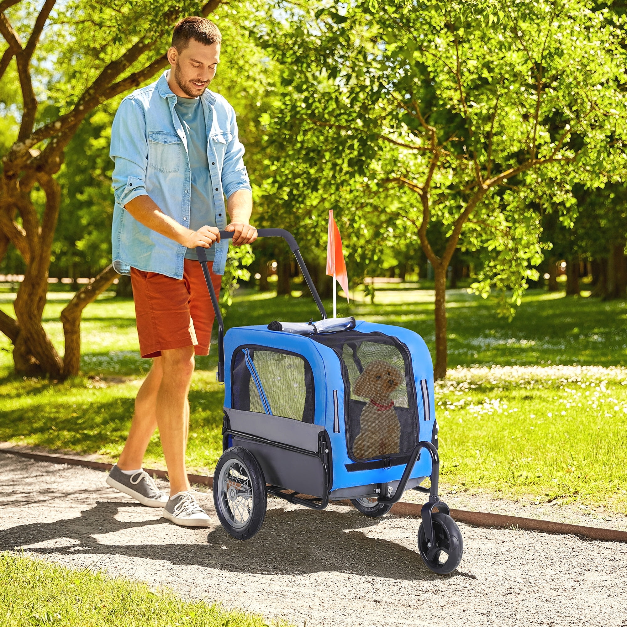 Aosom 2 in 1 Pet Pull Behind Small Dog Bike Trailer and Stroller with Suspension System Hitch Blue Walmart