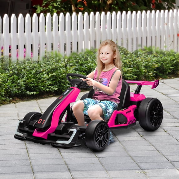 Aosom 24V 7.5 MPH Drifting Electric Go Kart with Adjustable Seat with Slow Start, Button Start, Music, Horn, Lights, for 6-12 Years, Pink